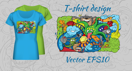 t-shirt design with doodle of crazy sea-life creatures having funのイラスト素材