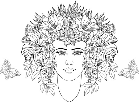 coloring page of portrait of girl with flowers in hairのイラスト素材