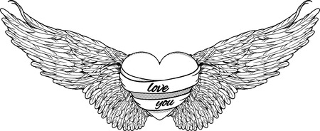 image of a heart with big wings. black and whiteのイラスト素材