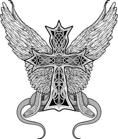 image of cross in celtic style with big wings and two snakesのイラスト素材