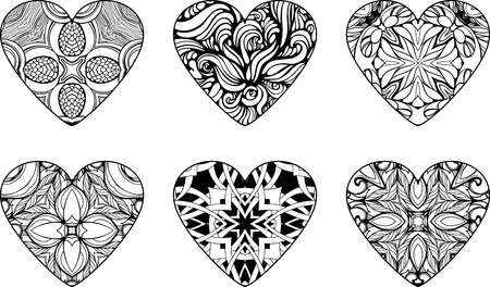 set of six hearts filled with floral patternsのイラスト素材