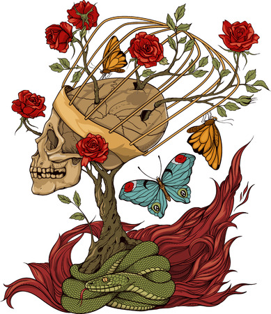 illustration with skull, bush of roses, snake and and flameのイラスト素材