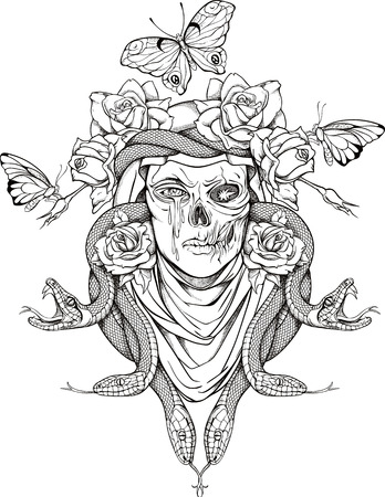 illustration with woman skull, snakes, butterflies and flowersのイラスト素材