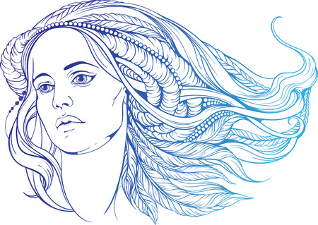 portrait of a woman with hippie-style hair. in blue colorsのイラスト素材