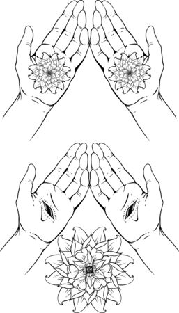 Isolate images of hands palm with stigmatas and flowers.のイラスト素材