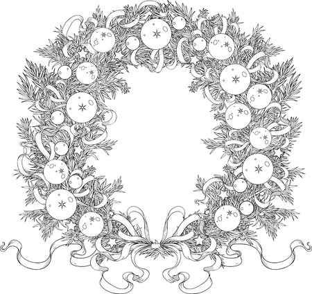 Christmas wreath with balls and ribbons. Coloring page.のイラスト素材