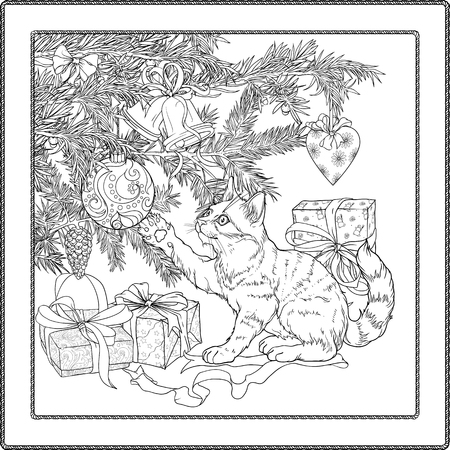 Black and white illustration of christmas tree, presents and playful cat. Coloring page.のイラスト素材