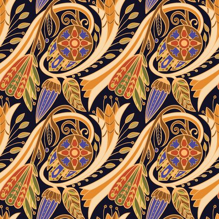 Floral pattern. Yellow and blue on black background.のイラスト素材
