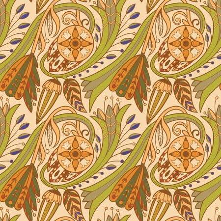 floral pattern. Green and orange on rose background.のイラスト素材