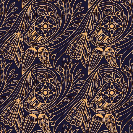 Floral pattern. Yellow on black background.のイラスト素材