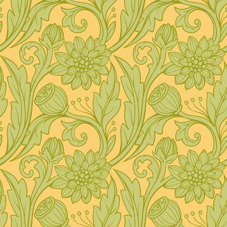 Floral pattern. Green on orange background.のイラスト素材