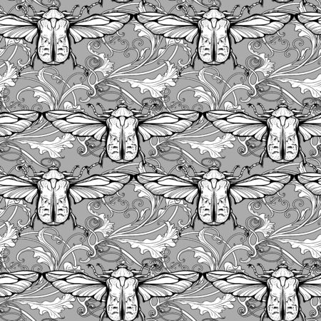 Seamless pattern of flying bugs with floral background.のイラスト素材