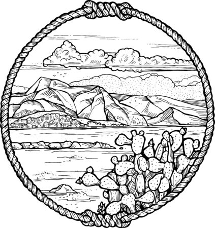 Framed drawing of meditteranean coast with a cactus.のイラスト素材