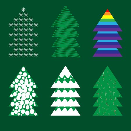 Set of 6 different Christmas trees on the green background. Christmas trees from snowflakes, scribbles, rainbow, circles and with snowのイラスト素材
