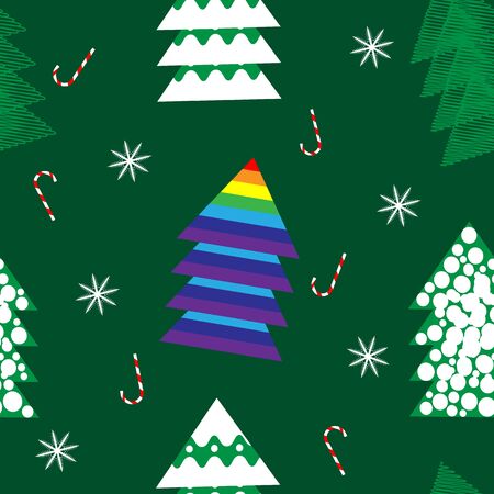 Christmas seamless pattern with different Christmas trees, candy canes and snowflake. Green backgroundのイラスト素材