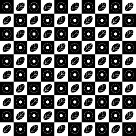 Unusual seamless pattern with black and white squares. Geometric background with black and white flowers and leafsのイラスト素材