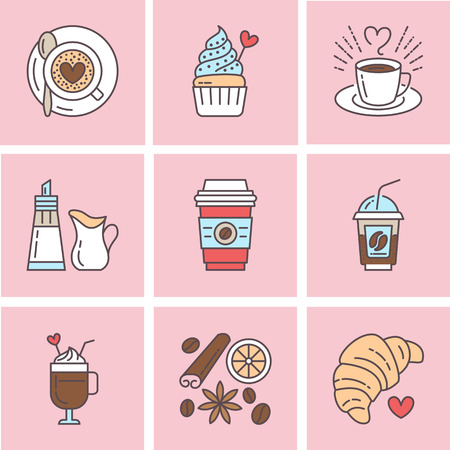 Cute vector line icons of coffee. Elements - espresso cup, milk sugar croissant, hot drinks, cupcake, latte, cinnamon. Linear restaurant, shop pictogram for menu, cartoon illustrationのイラスト素材
