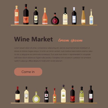 Set of wine bottles in flat. Isolated flat wine bottles. Different kinds of wine bottles. Design elements for banners, wine markets, alcohol advertising, bars and vineyards. Site templateのイラスト素材