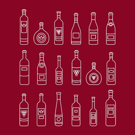 Set of wine bottles outline. Isolated wine bottles. Different kinds of wine. Design elements for banners, wine markets, alcohol advertising, bars and vineyards. Template for site, menu, infographicsのイラスト素材