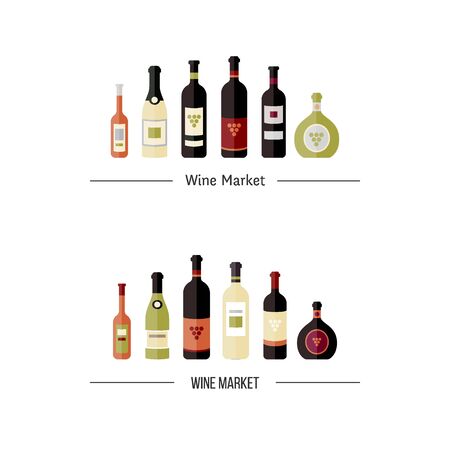 Set of wine bottles in flat. Isolated flat wine bottles. Different kinds of wine bottles. Logo elements for banners, wine markets, alcohol advertising, bars and vineyards. Wine logotypeのイラスト素材