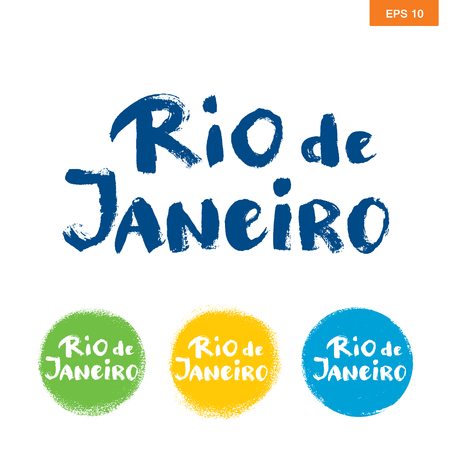 Rio de janeiro hand drawn vector lettering. Modern calligraphy brush lettering. Rio ink lettering. Design element for greeting card, banners, flyers, T shirt prints. Brazilian summer city lettering.のイラスト素材