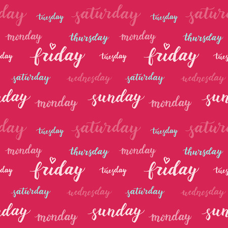 Seamless pattern with days of week. Decorative vector hand drawn lettering. Cute repeated texture with days for packaging, book, textile. Wrapping paper design. Monday, wednesday, friday, sunday, etc.のイラスト素材