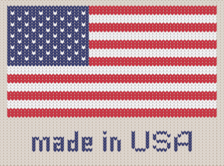 American flag knitted pattern, made in USA. Modern vector ornament, wool knitted texture, banner of United States. Flat knitted standard, Stars and Stripes design element for sites. Hand made flag.のイラスト素材