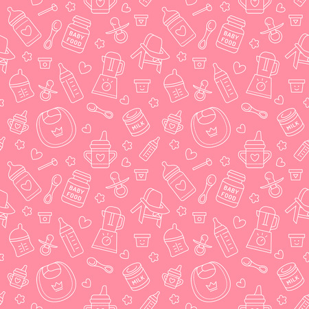 Seamless pattern baby food, pastel color, vector illustration. Infant feeding thin line icons. Cute repeated pink texture, baby item for packaging, baby shower card, fabric. Birthday invitation designのイラスト素材