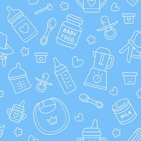 Seamless pattern baby food, pastel color, vector illustration. Infant feeding thin line icons. Cute repeated blue texture, baby item for packaging, baby shower card, fabric. Birthday invitation designのイラスト素材