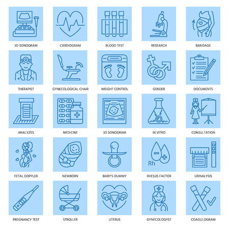 Modern vector line icon of pregnancy and obstetrics. Gynecology elements - chair, tests, doctors, sonogram, baby,  gadgets. Linear icons with aditable stroke.のイラスト素材