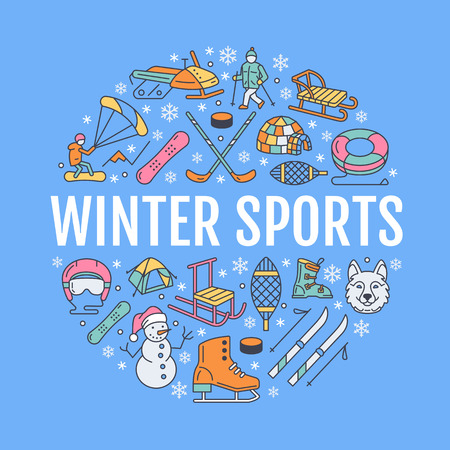 Winter sports banner, equipment rent at ski resort. Vector line icon of skates, hockey sticks, sleds, snowboard, snow tubing hire. Cold season outdoor activities template with place for textのイラスト素材