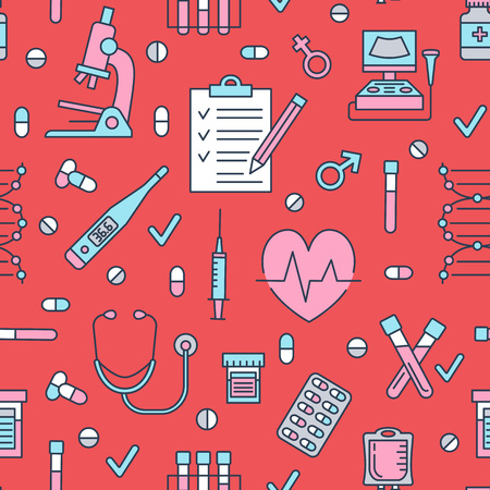 Seamless pattern medical icons, clinic vector illustration. Hospital thin line signs - thermometer, check up, diagnostic, microscope, stethoscope. Cute repeated texture for business presentation.のイラスト素材