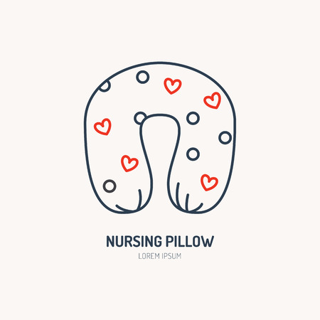 Modern vector line icon of nursing pillow. Linear illustration comfortable sleep in travel. Healthy breastfeeding pad.のイラスト素材