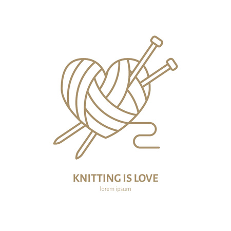 Knitting shop line logo. Yarn store flat sign, illustration of wool skeins with knitting needles.のイラスト素材