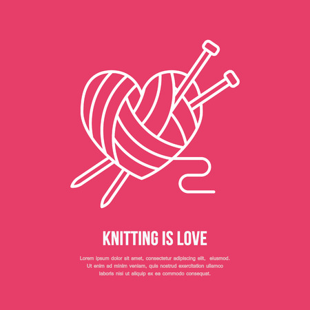 Knitting shop line logo. Yarn store flat sign, illustration of wool skeins with knitting needles.のイラスト素材