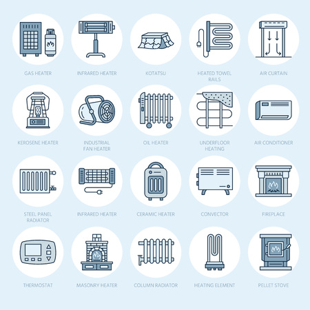 Oil heater, fireplace, convector, panel column radiator and other house heating appliances line icons. Home warming thin linear pictogram such as kotatsu, Russian oven. Equipment store signs.のイラスト素材