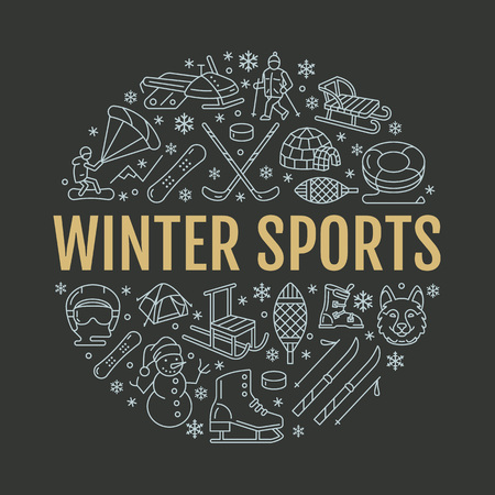 Winter sports banner, equipment rent at ski resort. Vector line icon of skates, hockey sticks, sleds, snowboard, snow tubing hire. Cold season outdoor activities template with place for text.のイラスト素材