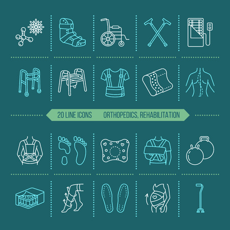 Orthopedic, trauma rehabilitation line icons. Crutches, orthopedics mattress pillow, cervical collar, walkers and other medical rehab goods. Health care thin linear signs for clinic and hospital.のイラスト素材