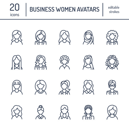 People line icons, business woman avatars. Outline symbols of female professions, secretary, manager, teacher, student. Young girls thin linear signs.のイラスト素材