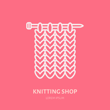 Knit shop line logo. Yarn store flat sign, illustration of knitting needles with yarn pattern.のイラスト素材