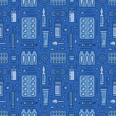 Medical, drugstore seamless pattern, medicament vector blue background. Dosage forms thin line icons - tablet, capsules, pills. Healthcare cute repeated illustration for hospital.のイラスト素材