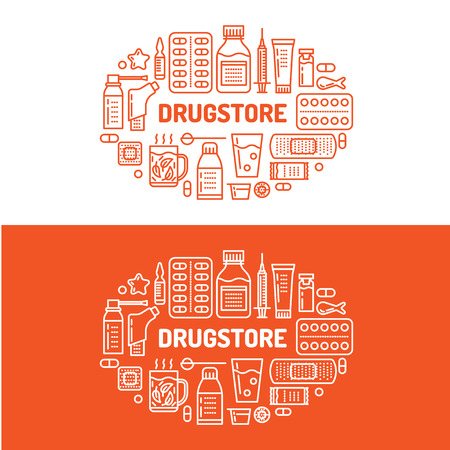 Medical, drugstore banner illustration. Pharmacy vector line icons tablet, capsules, pills, antibiotics vitamins and other medicines. Healthcare brochure, poster design red color.のイラスト素材
