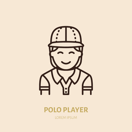 Horse polo player in shirt and helmet flat line icon. Logo for equestrian club, horserace equipment store.のイラスト素材