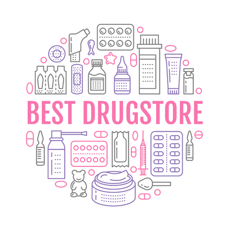 Medical, drugstore poster template. Vector medicament line icons, illustration of dosage forms - tablet, capsules, pills. Medicines antibiotics, vitamins. Healthcare banner with text online pharmacy.のイラスト素材