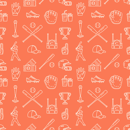 Baseball, softball sport game vector seamless pattern, background with line icons of balls, player, gloves, bat, helmet. Flat signs for championship, equipment store.のイラスト素材