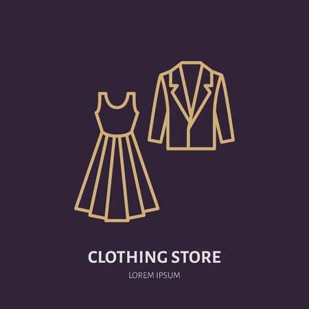 Wedding dress, men suit icon, clothing shop line logo. Flat sign for apparel collection. Logotype for laundry, dry cleaning.のイラスト素材