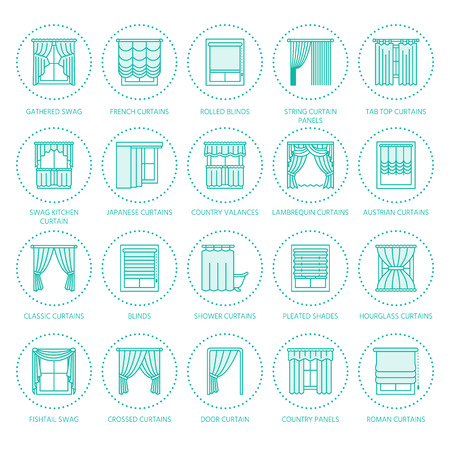 A window curtains, shades line icons. Various room darkening decoration, lambrequin, swag, french curtain, blinds and rolled panels. Interior design thin linear signs for house decor shop.のイラスト素材