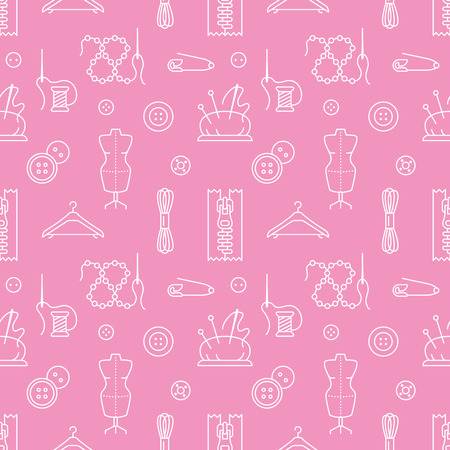 Sewing equipment, tailor supplies seamless pattern with flat line icons set. Needlework accessories - sewing needle, thread, DIY tools. Pink backdrop with linear signs for hand made store.のイラスト素材