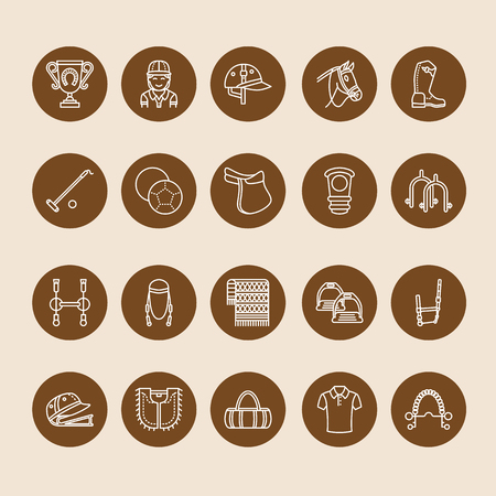 Horse polo flat line icons. Vector illustration of horses sport game, equestrian equipment - saddle, leather boots, harness, spurs. Linear signs set, championship pictograms for event, gear store.の写真素材