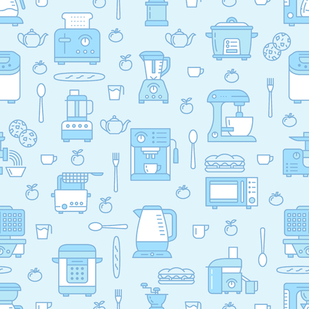 Kitchen utensil, small appliances blue seamless pattern with flat line icons. Background with household cooking tools - blender, mixer, food processor, coffee machine, microwave, toaster. Electronics.のイラスト素材